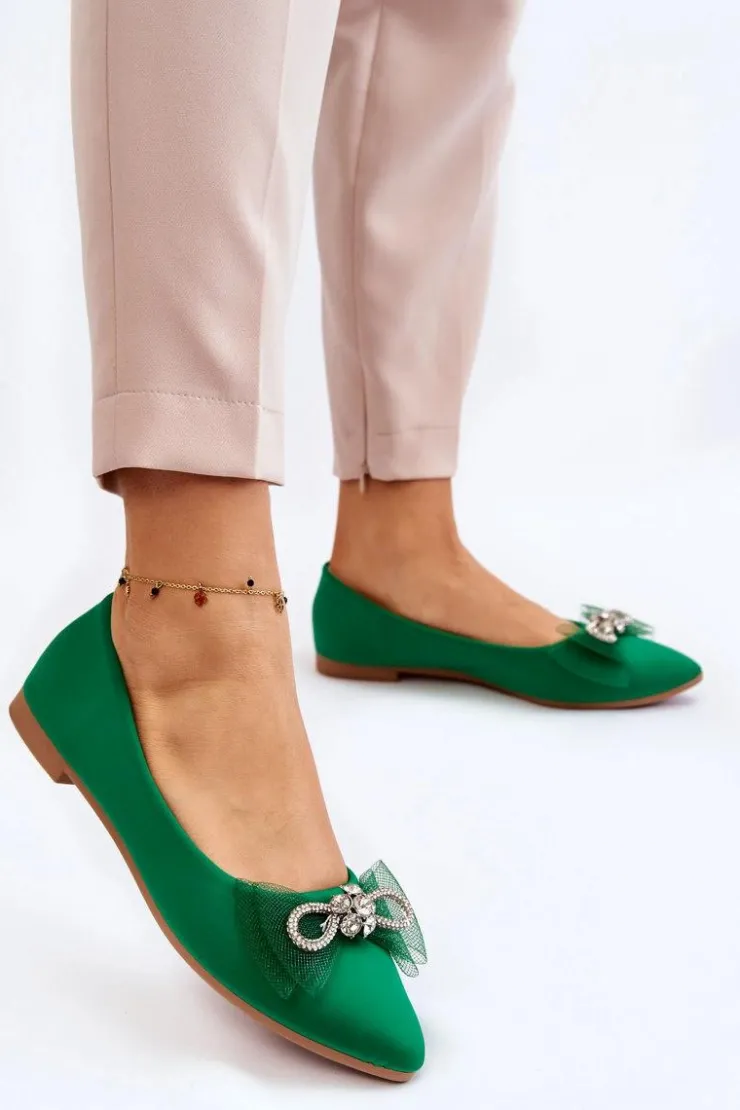 Boto Baleriny Klasyczne*Damskie Baleriny W Szpic Z Ozdobną Kokardą Zielone Luminous