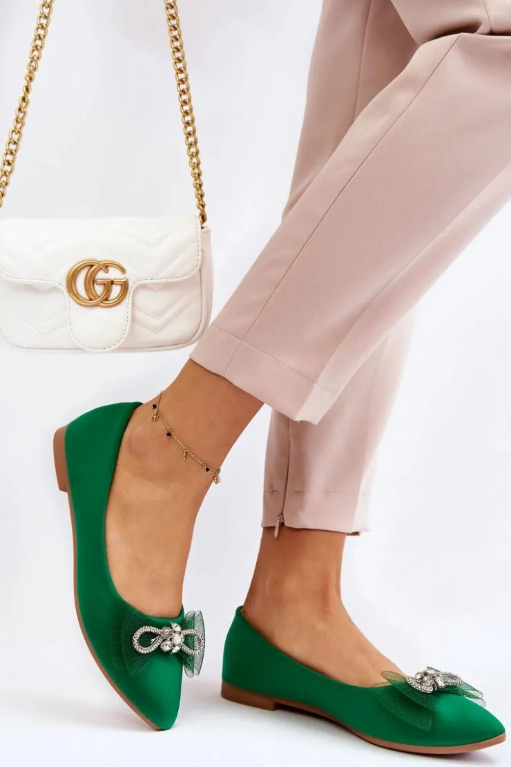 Boto Baleriny Klasyczne*Damskie Baleriny W Szpic Z Ozdobną Kokardą Zielone Luminous