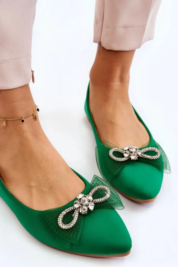 Boto Baleriny Klasyczne*Damskie Baleriny W Szpic Z Ozdobną Kokardą Zielone Luminous