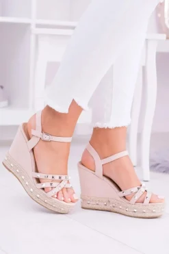 Damskie Boto Damskie Beżowe Sandały Na Koturnie Ćwieki Amare