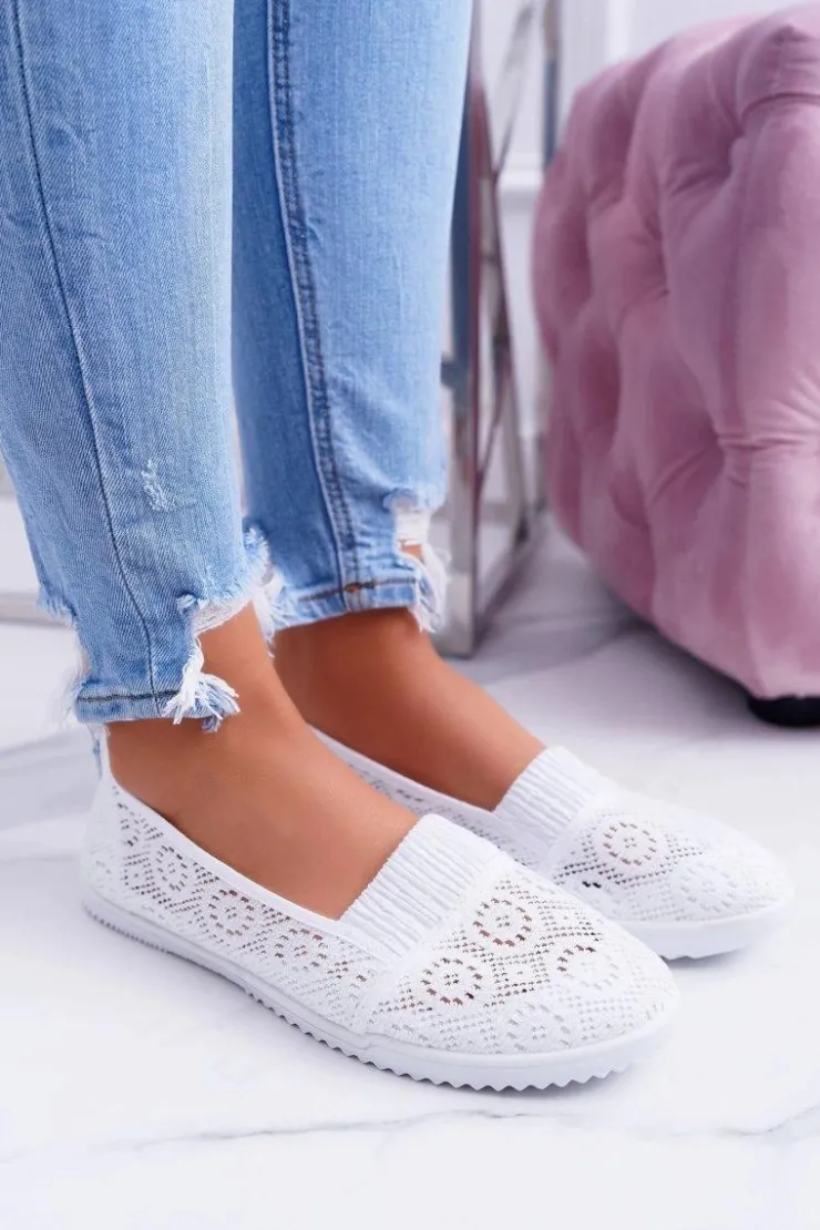Online Boto Damskie Białe Koronkowe Balerinki Sensitive