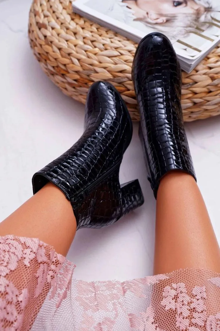 Boto Botki Na Słupku|Botki Zimowe Damskie*Damskie Botki Czarne Skóra Krokodyla Crocodil