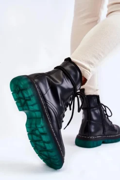 Damskie Evento Damskie Botki Glany Sznurowane Z Zieloną Podeszwą Czarne Trinah
