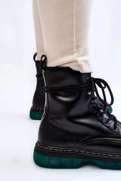 Damskie Evento Damskie Botki Glany Sznurowane Z Zieloną Podeszwą Czarne Trinah