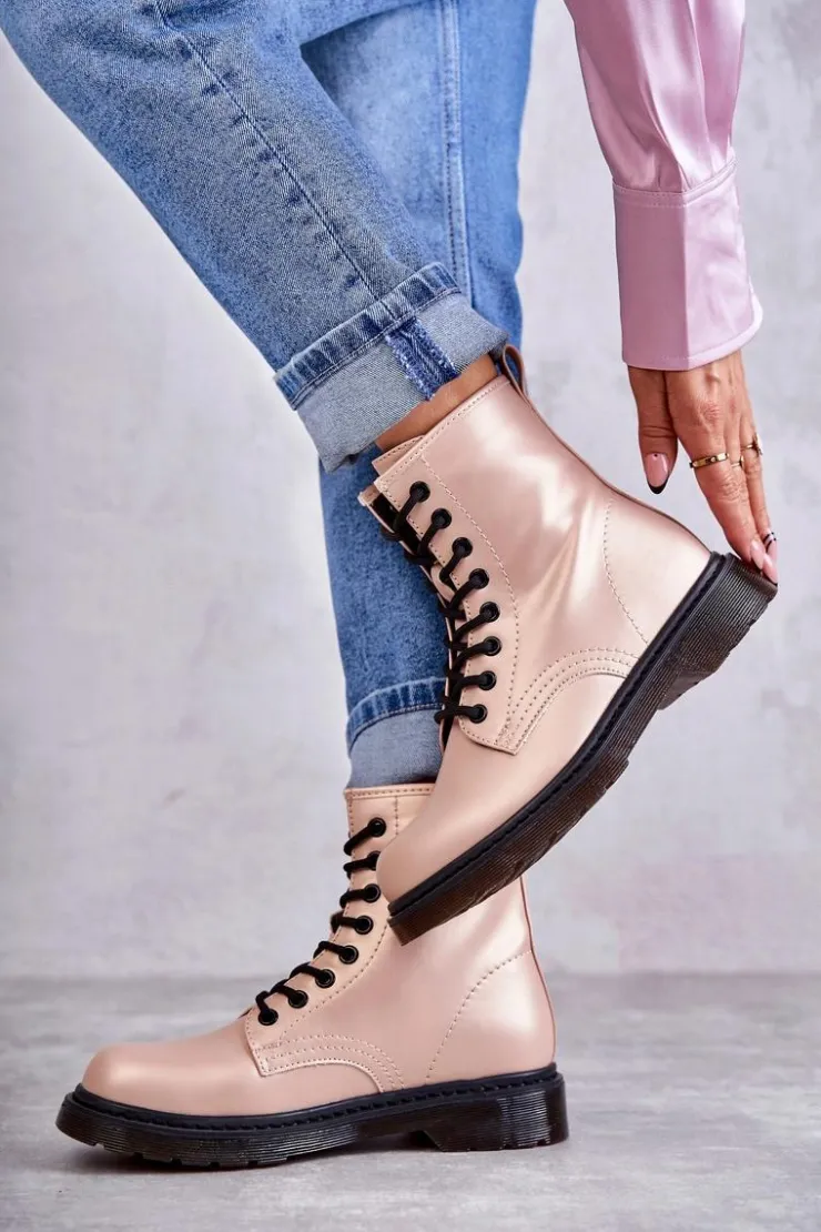 Boto Botki Sznurowane|Botki Zimowe Damskie*Damskie Botki Glany Wiązane Różowe Lavita