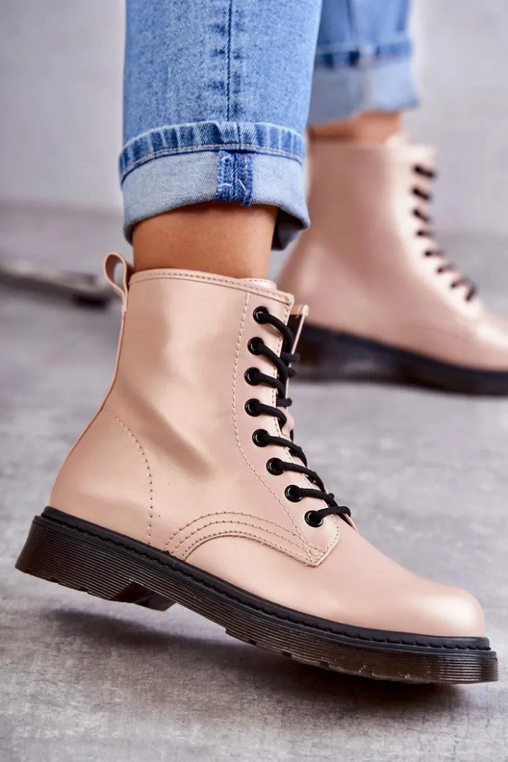 Boto Botki Sznurowane|Botki Zimowe Damskie*Damskie Botki Glany Wiązane Różowe Lavita