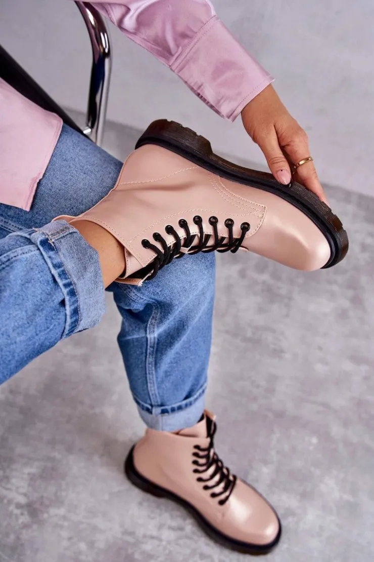 Boto Botki Sznurowane|Botki Zimowe Damskie*Damskie Botki Glany Wiązane Różowe Lavita