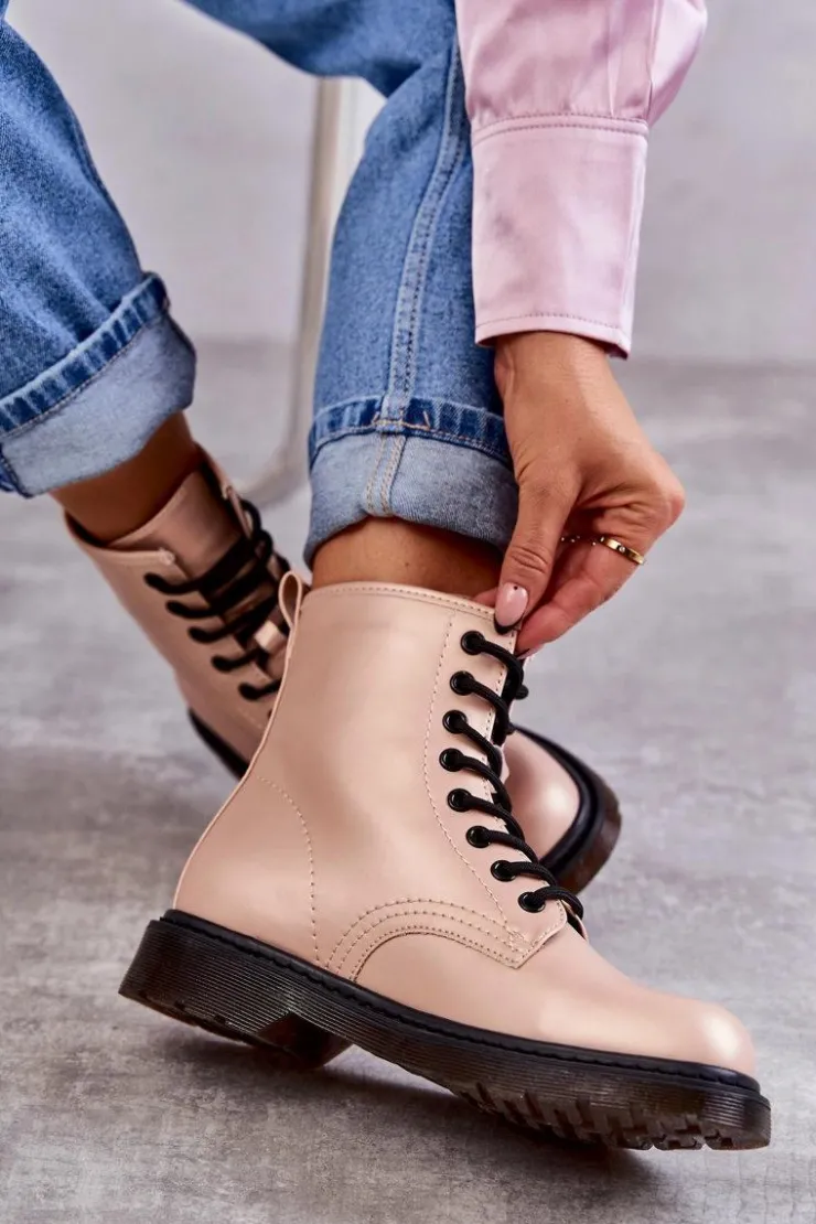 Boto Botki Sznurowane|Botki Zimowe Damskie*Damskie Botki Glany Wiązane Różowe Lavita