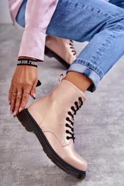 Boto Botki Sznurowane|Botki Zimowe Damskie*Damskie Botki Glany Wiązane Różowe Lavita