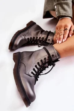 Damskie Boto Damskie Botki Glany Wiązane Ciemnoszare Lavita