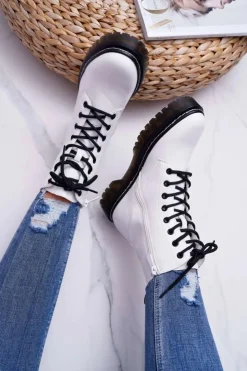 Damskie buty S.Barski Botki Sznurowane|Botki Zimowe Damskie*Damskie Botki Glany Workery Białe Barski 56-5