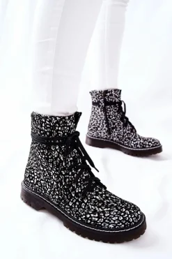Sale Maciejka Damskie Botki Glany Workery Czarno-Białe 01609-48