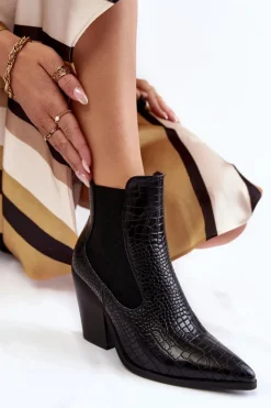Boto Botki Na Słupku|Czarne Botki*Damskie Botki Kowbojki Wężowe Czarne Warren