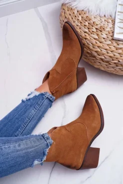 Damskie buty S.Barski Botki Na Słupku|Botki Zimowe Damskie*Damskie Botki Kowbojki Zamszowe Camel Barski 1638