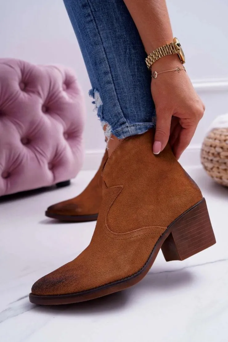 Damskie buty S.Barski Botki Na Słupku|Botki Zimowe Damskie*Damskie Botki Kowbojki Zamszowe Camel Barski 1638