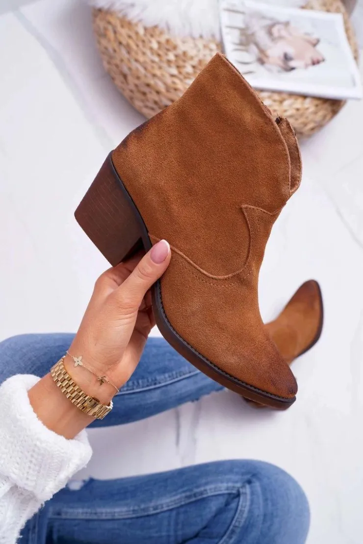 Damskie buty S.Barski Botki Na Słupku|Botki Zimowe Damskie*Damskie Botki Kowbojki Zamszowe Camel Barski 1638