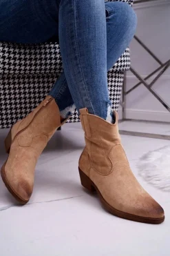 Damskie Boto Damskie Botki Kowbojki Zamszowe Beżowe Ferders