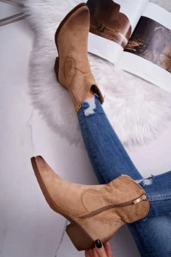 Damskie Boto Damskie Botki Kowbojki Zamszowe Beżowe Ferders