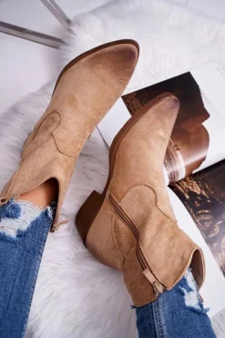 Damskie Boto Damskie Botki Kowbojki Zamszowe Beżowe Ferders