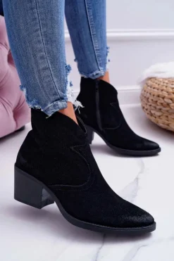 Discount Damskie buty S.Barski Damskie Botki Kowbojki Zamszowe Czarne Barski 1638