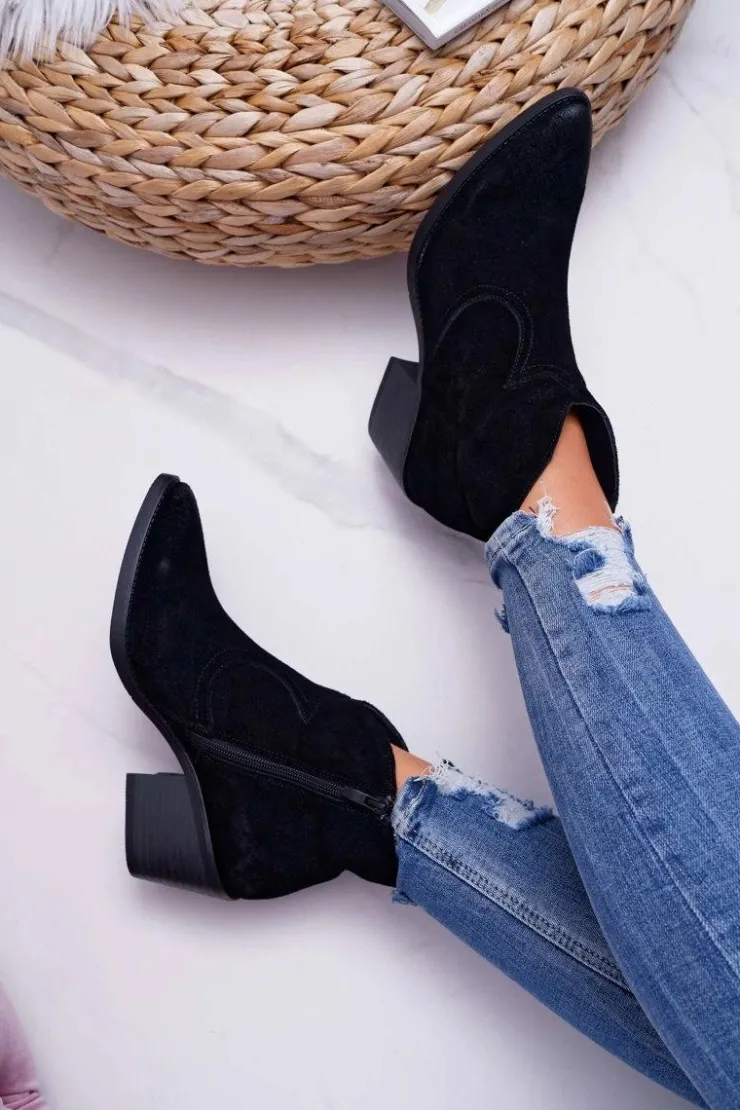 Discount Damskie buty S.Barski Damskie Botki Kowbojki Zamszowe Czarne Barski 1638