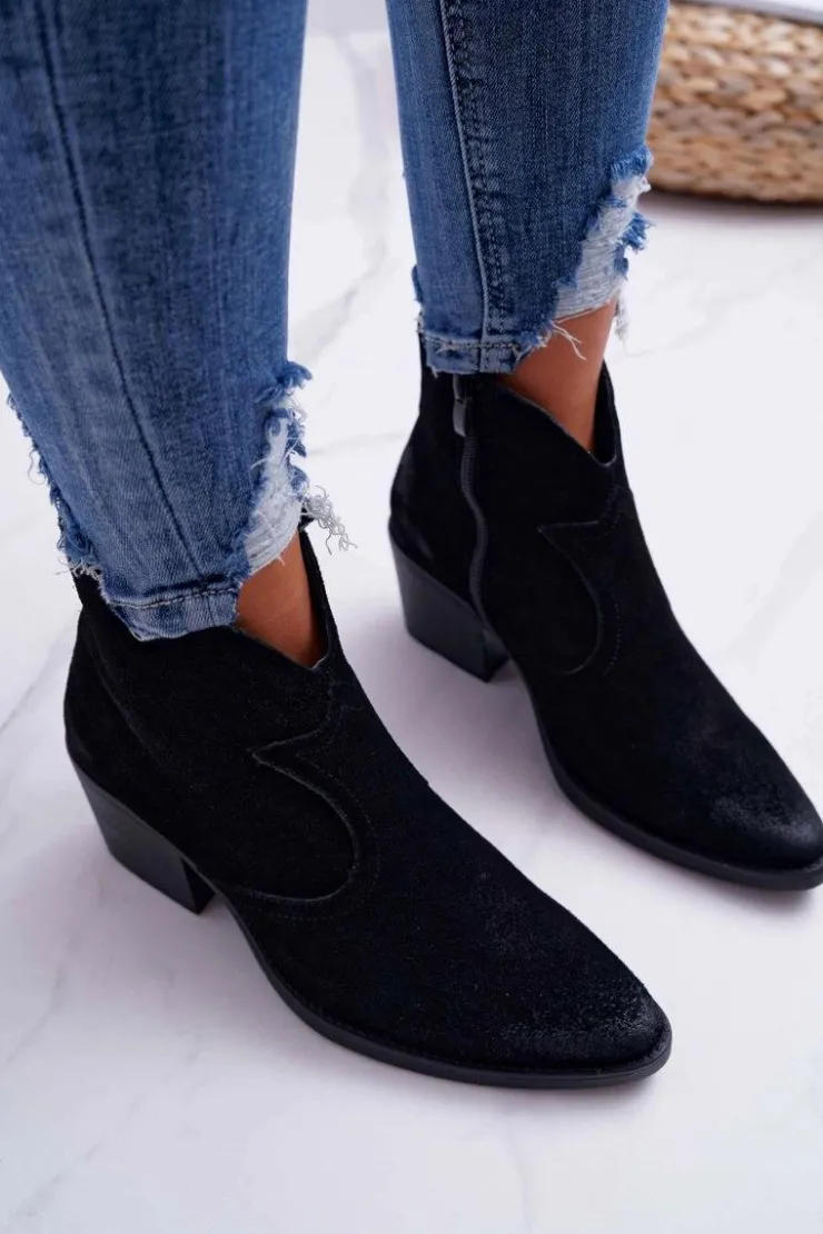 Discount Damskie buty S.Barski Damskie Botki Kowbojki Zamszowe Czarne Barski 1638