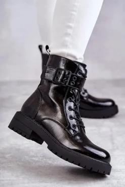 Boto Botki Ocieplane|Botki Sznurowane*Damskie Botki Lakierowane Sznurowane Na Płaskim Obcasie Czarne Firmina