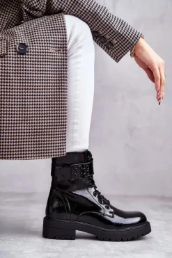 Boto Botki Ocieplane|Botki Sznurowane*Damskie Botki Lakierowane Sznurowane Na Płaskim Obcasie Czarne Firmina