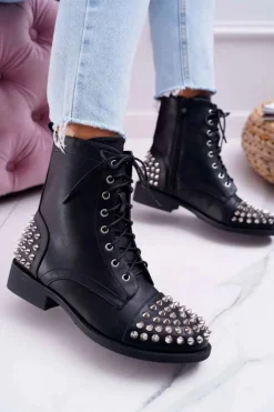 New Boto Damskie Botki Lu Boo Czarne Workery z Ćwiekami Tension