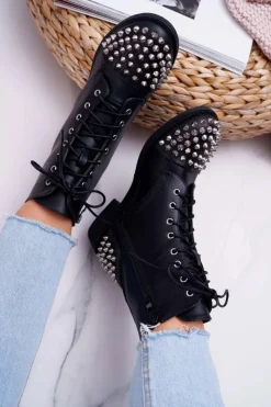 New Boto Damskie Botki Lu Boo Czarne Workery z Ćwiekami Tension