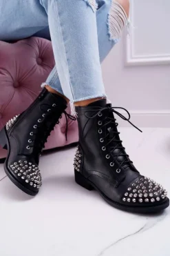 New Boto Damskie Botki Lu Boo Czarne Workery z Ćwiekami Tension