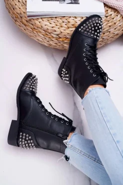 New Boto Damskie Botki Lu Boo Czarne Workery z Ćwiekami Tension