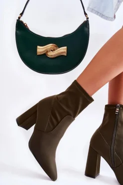 Boto Botki Wiosenne|Botki Na Słupku*Damskie Botki Materiałowe Na Obcasie Khaki Amile Zielony