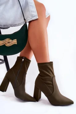 Boto Botki Wiosenne|Botki Na Słupku*Damskie Botki Materiałowe Na Obcasie Khaki Amile Zielony