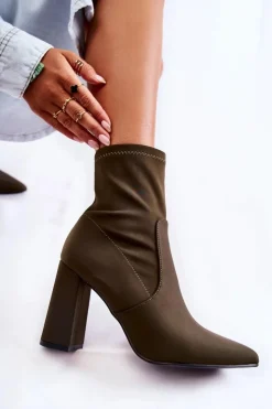 Boto Botki Wiosenne|Botki Na Słupku*Damskie Botki Materiałowe Na Obcasie Khaki Amile Zielony