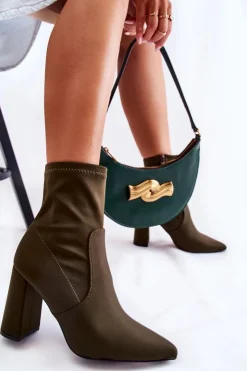 Boto Botki Wiosenne|Botki Na Słupku*Damskie Botki Materiałowe Na Obcasie Khaki Amile Zielony