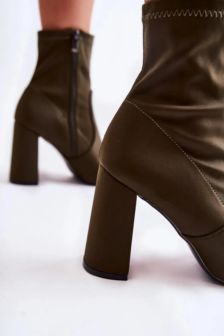 Boto Botki Wiosenne|Botki Na Słupku*Damskie Botki Materiałowe Na Obcasie Khaki Amile Zielony