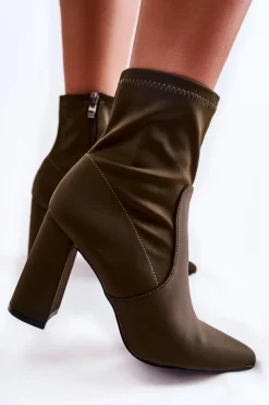 Boto Botki Wiosenne|Botki Na Słupku*Damskie Botki Materiałowe Na Obcasie Khaki Amile Zielony