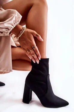 New Boto Damskie Botki Materiałowe Na Obcasie Czarne Amile Czarny