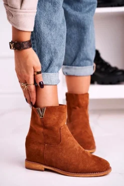 New Boto Damskie Botki Na Koturnie Zamszowe Brązowe Vanya
