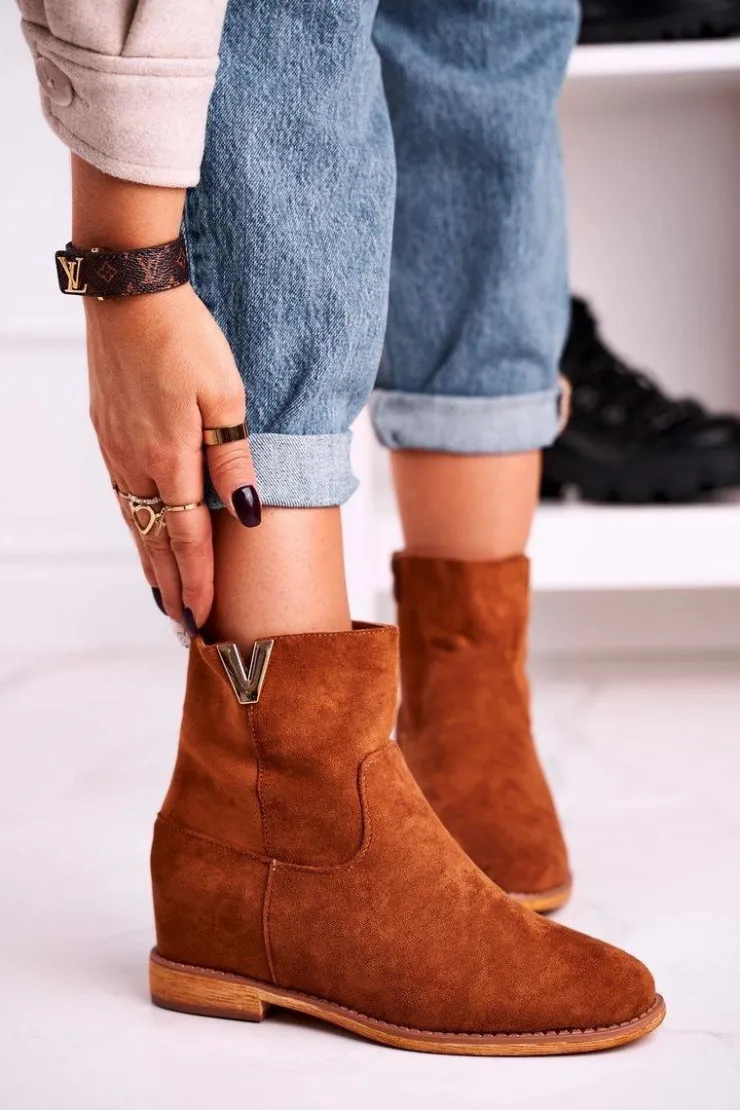 New Boto Damskie Botki Na Koturnie Zamszowe Brązowe Vanya