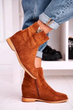 New Boto Damskie Botki Na Koturnie Zamszowe Brązowe Vanya