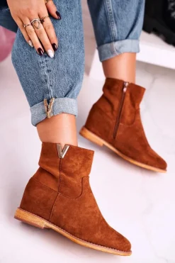 New Boto Damskie Botki Na Koturnie Zamszowe Brązowe Vanya