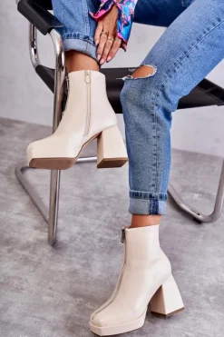 Damskie Boto Damskie Botki Na Masywnym Obcasie Z Suwakiem Beżowe Carrera