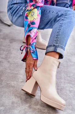 Damskie Boto Damskie Botki Na Masywnym Obcasie Z Suwakiem Beżowe Carrera