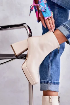 Damskie Boto Damskie Botki Na Masywnym Obcasie Z Suwakiem Beżowe Carrera