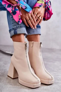 Damskie Boto Damskie Botki Na Masywnym Obcasie Z Suwakiem Beżowe Carrera