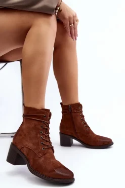Boto Brązowe I Beżowe Botki|Botki Na Obcasie*Damskie Botki Na Niskim Obcasie Sznurowane Brązowe Serellia