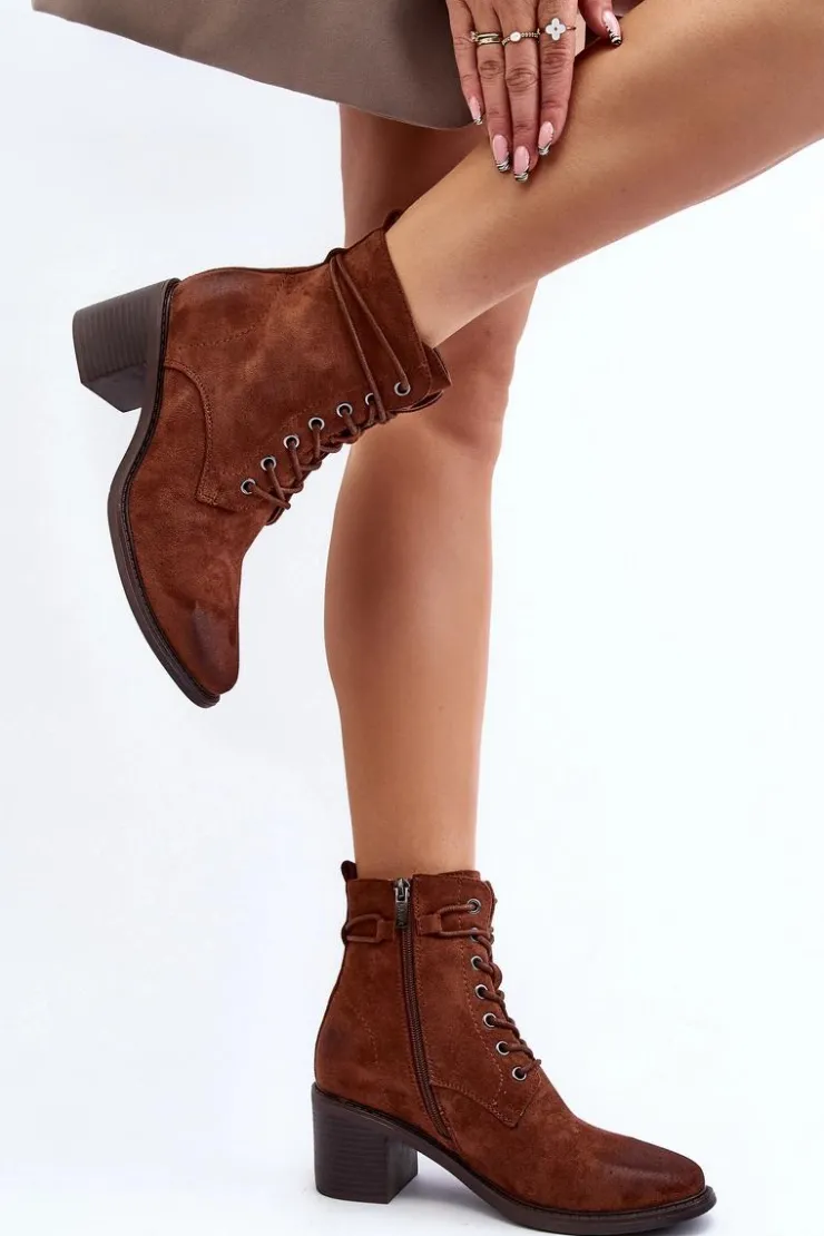Boto Brązowe I Beżowe Botki|Botki Na Obcasie*Damskie Botki Na Niskim Obcasie Sznurowane Brązowe Serellia