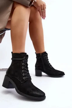 Damskie Boto Damskie Botki Na Niskim Obcasie Sznurowane Czarne Serellia